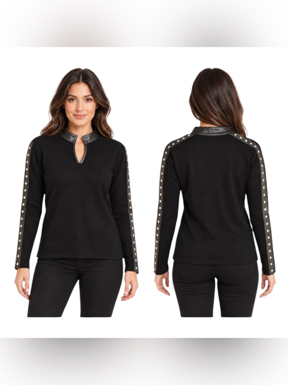 Cabo Black Faux Leather Studded Sweater Top M